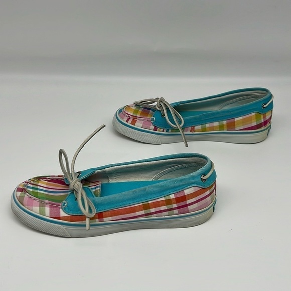 Sperry Women's TopSider Rainbow Plaid Water Turquoise Blue Canvas Boat shoe 6.5 - Picture 6 of 10